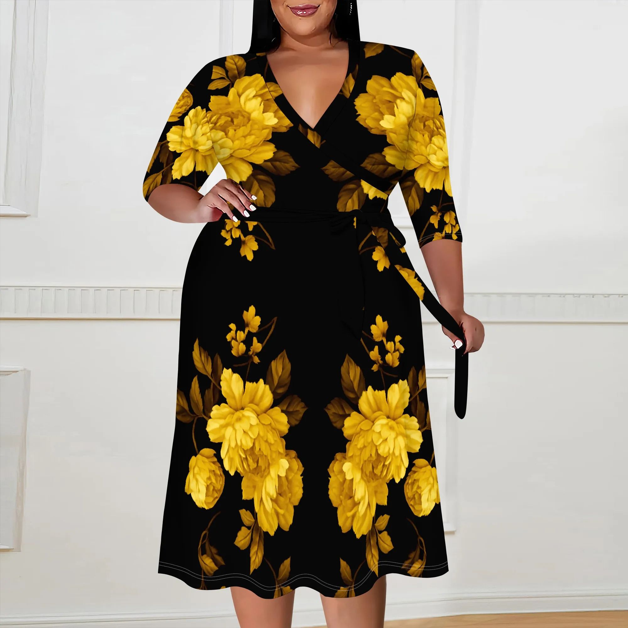

Yellow Floral Print Plus Size Dress XL-6XL V-Neck 3/4 Sleeve Midi Wrap Style for Church, Family Dinner or Holiday Brunch Look