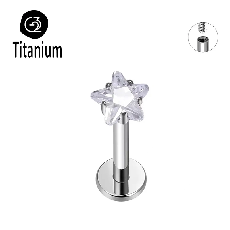 ASTM F136 G23 Titan 16G 18G Stern CZ Innengewinde Flat Back Labret Knorpel Tragus Helix Nasenstecker Piercing Lippenringe – Detail 4