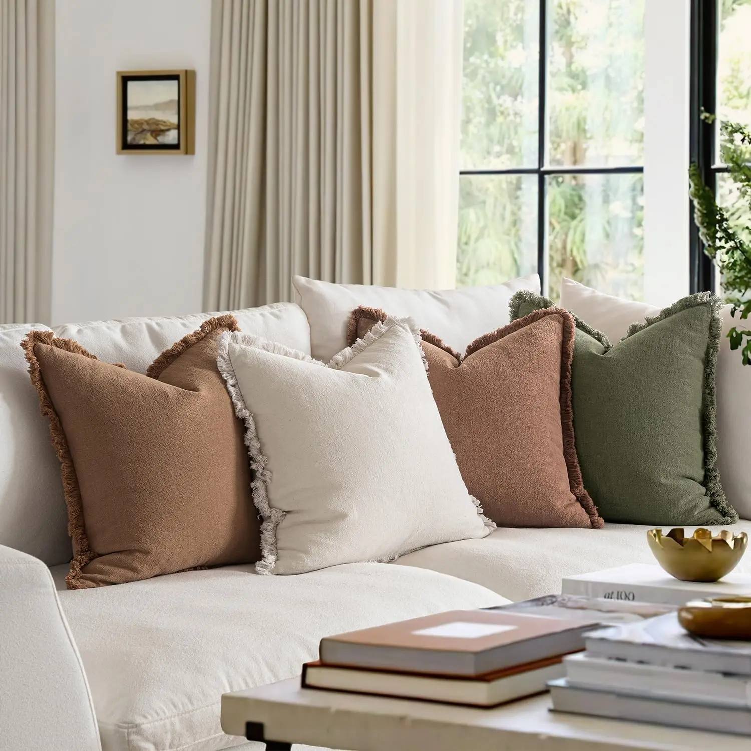 Decorative Throw Pillow Covers Neutral Linen Fringe Throw Pillows Natural Beige Boho Farmhouse Cushion Cases with Tassels