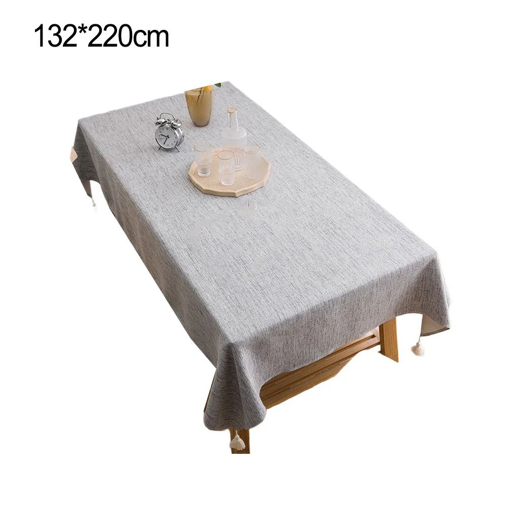 Simple Elegant Tablecloth with Linen Look Fabric and Subtle For Tassel Design 132x220 CM for Living Room Dining Room