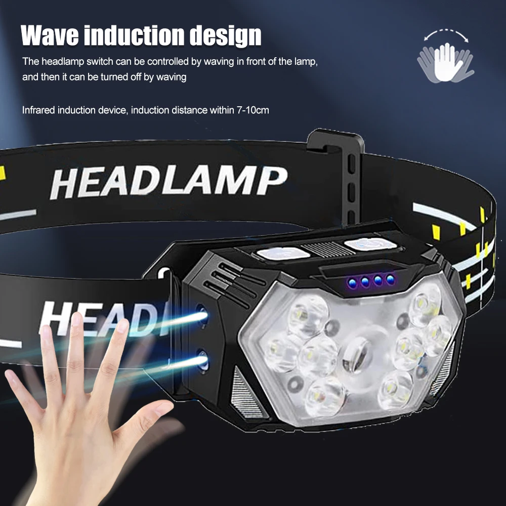 Mini Portable USB Rechageable Head Lamp 9 LED Motion Sensor Headlight Outdoor Front Work Lantern for Fishing Camping