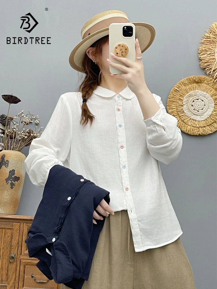New 2026 Autumn Women Cotton Yarn Long Sleeve Shirt, Circular Lapel Ruffles, Mori Girl Sweet Preppy Style Loose Blouse T68926CC