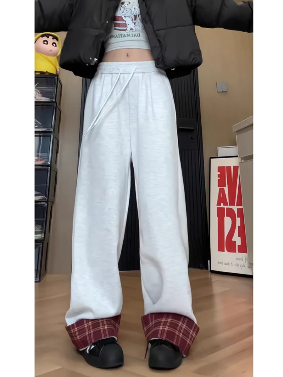 Pantalon de survêtement lourd gris fleur pour femme, polaire épaisse, chaud, à carreaux, jambes larges, ample, Style paresseux, jambes droites, hiver