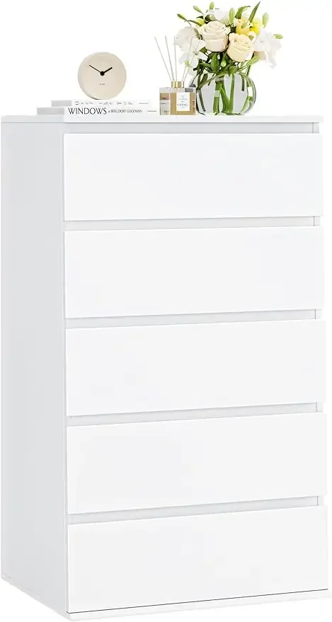 White Dresser, 5 Drawer Tall Dresser with Large Storage Space, Modern Storage Chest of Drawers,  Organizer Cabinet for Home