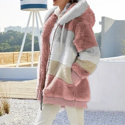 Winter Women Jacket Warm Plush Casual Loose Hooded Coat Mixed Color Patchwork Winter Outwear Faux Fur Zipper Ladies Parka Coat