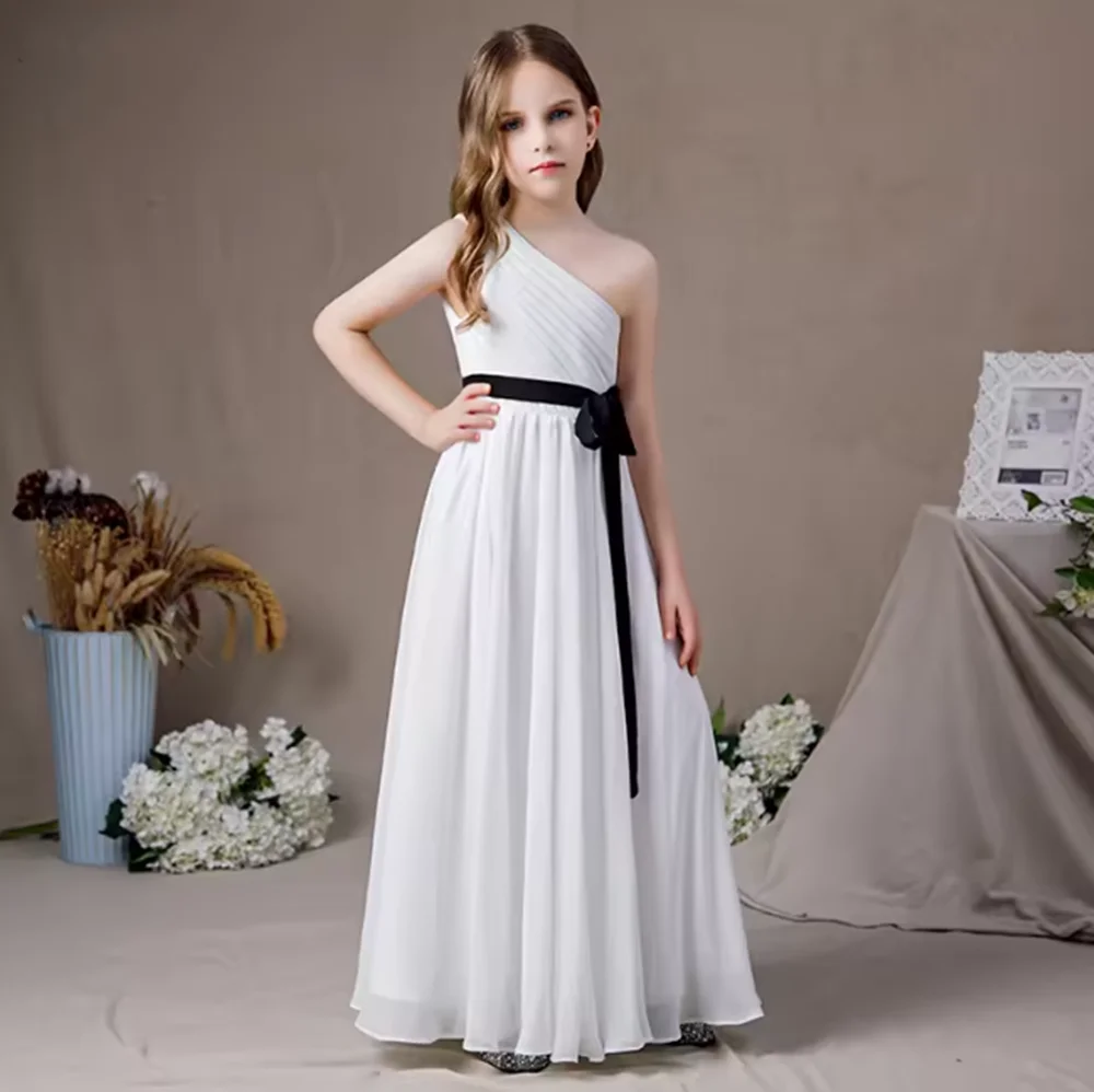 

Customized White Chiffon One Shoulder Flower Girls Dress Kids Birthday Party Junior Bridesmaid Gown First Communion