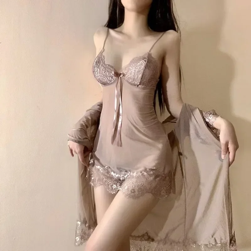 Top Fashion Four Piece Sexy Suspender Sleep Dress Lace Transparent Night Dress Spaghetti Strap Nightdress Women Nightgown Dress