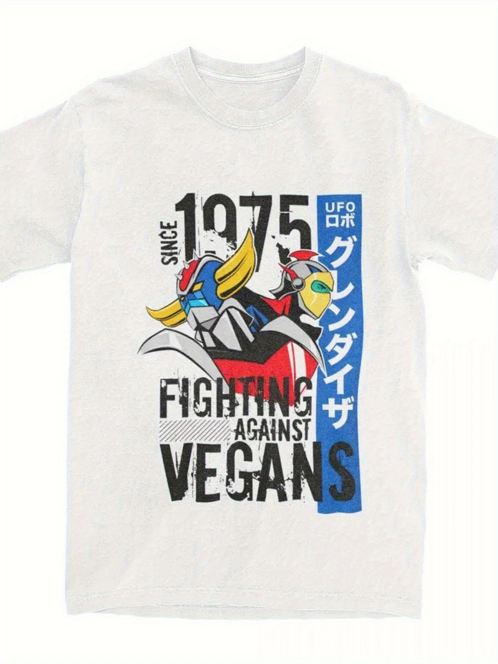 1975 UFO Robot Grendizer Goldorak ريترو أنيمي الجرافيك تي شيرت القتال نباتي تصميم أسود مع لهجات أزرق أحمر قصيرة الأكمام