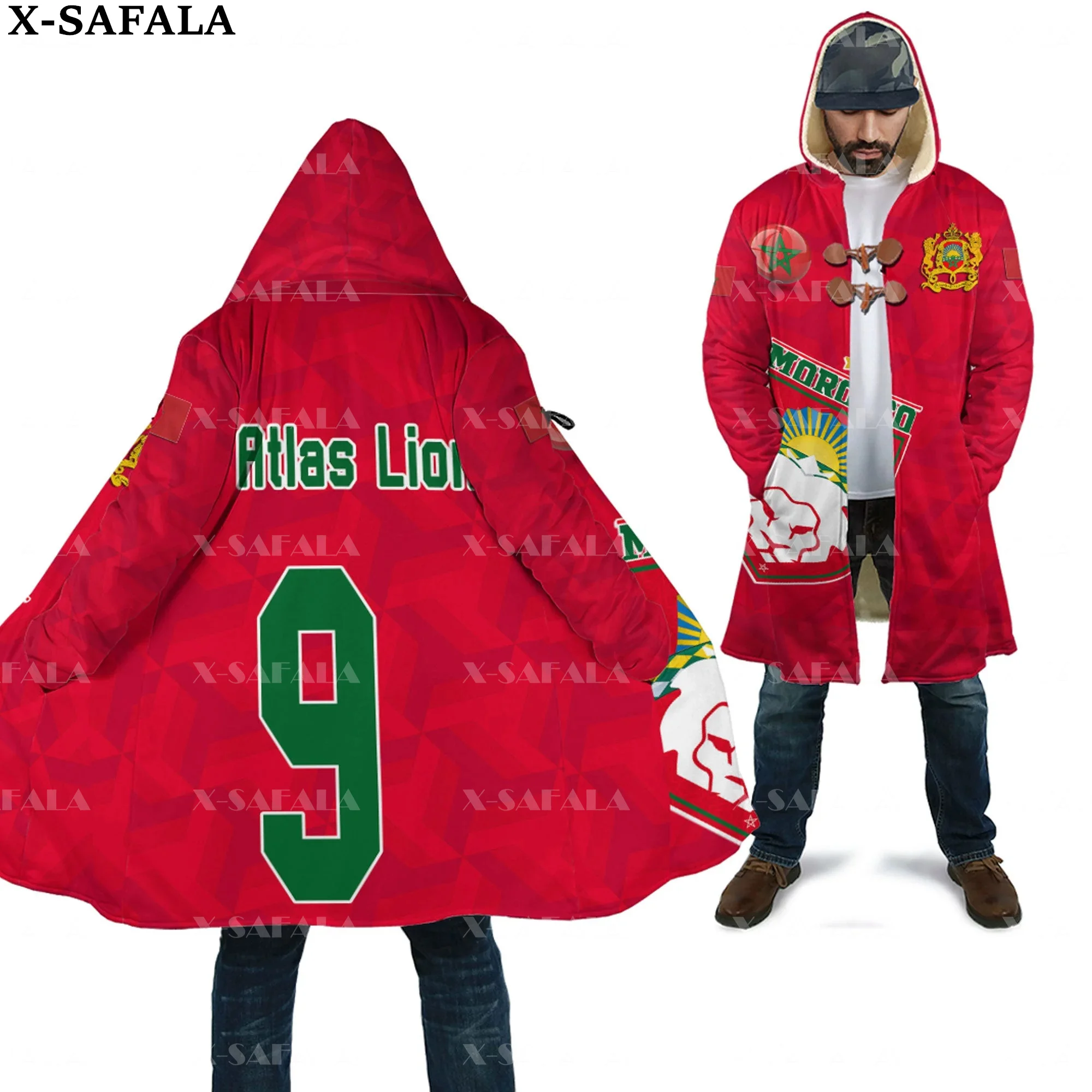 Thick Warm Hooded Cloak for Men Morocco Emblem Country Flag Overcoat Coat 3D Print Windproof Fleece Cape Robe Hooded Blanket-2