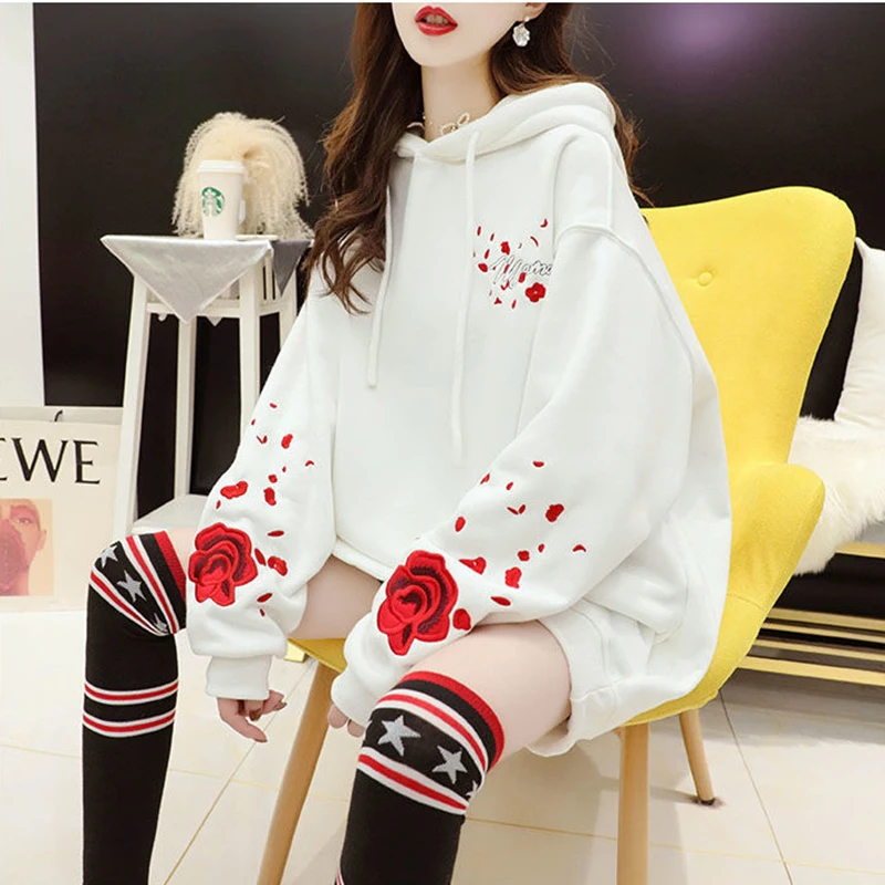 Autumn Embroidery Warm Hoodie Sweatshirt Women New Loose Coat Sweatshirt Outwear Hoodies Tops Clothes Hooded Tops Elegant Female