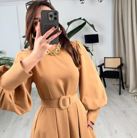 

2025 Women Spring Latest Hot Selling Fashionable Dress Elegant New Solid Color High Collar Long Sleeve Belt Pocket Casual Dress