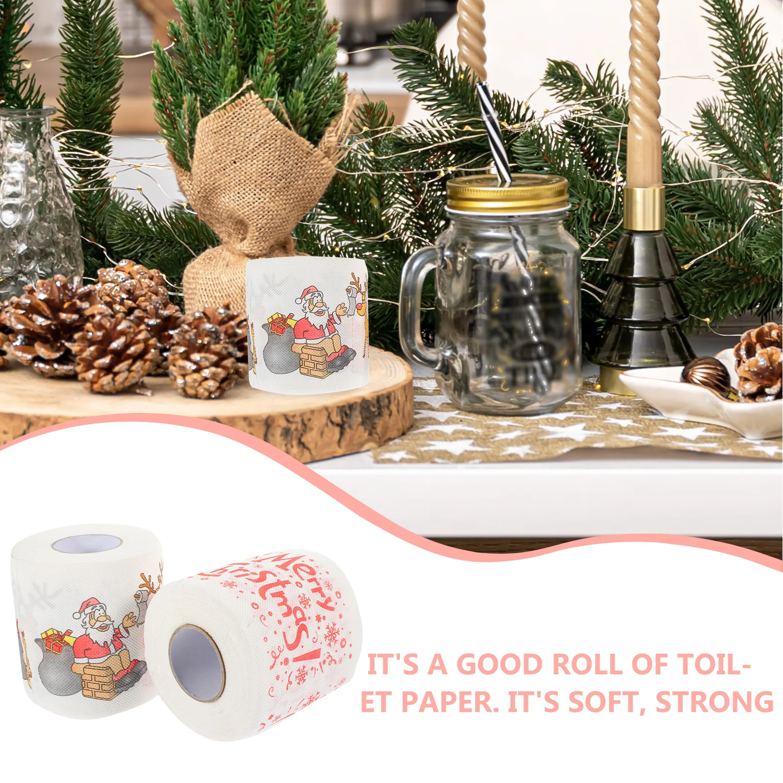 2 Roll Restaurant Toilet Paper Christmas Gift Comfortable Printed Santa Pattern Christmas Toilet Roll Paper New Year Decoration