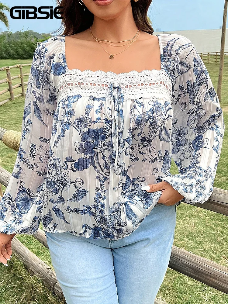 

GIBSIE Плюс Размер Квадратный Вырез Контрастная Кружевная Отпускная Блузка Женская Осень 2023 Галстук Спинки Цветочный Принт Повседневная Рубашка С Длинным Рукавом