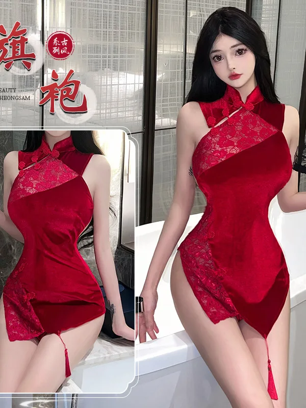 Underwear Small Chest Sexy Ancient Style Pure Desire Dress Elegant Classic Standing Collar Buckle Side Waist High Slit X6ZB