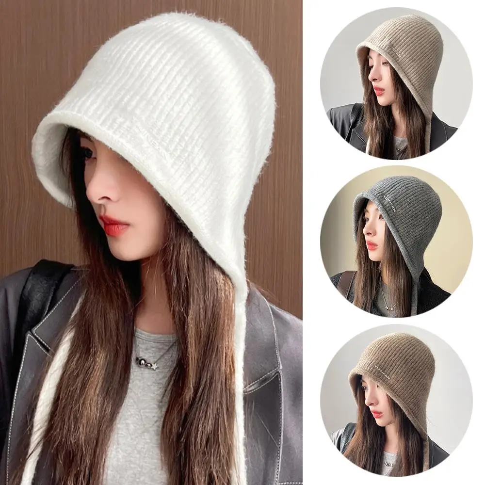 Korean Girl Knit Ear Protection Hat Harajuku Y2k Beanies Knitted Cap Women Solid Caps With Strap Show Face Small Cold Hats New