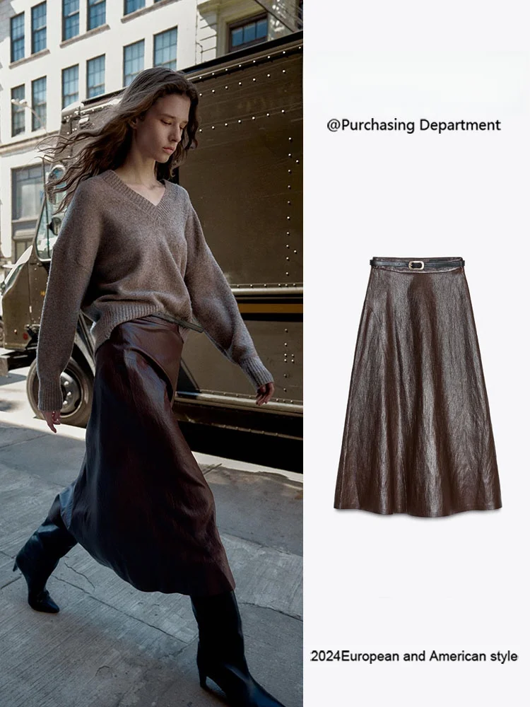 خريف جديد المرأة تأثير الجلود عادية مربوط ميدي تنورة تنوعا عالية الخصر الترفيه Faion السيدات العرقية زي