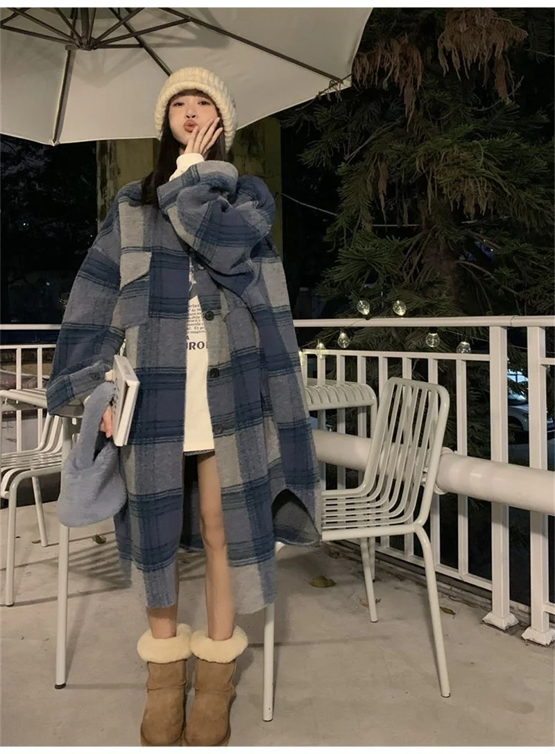 

Medium Length Thickened Blue Plaid Woolen Coat For Women's Autumn/winter 2023 New Loose Fitting Fashion Versatile Woolen Coat