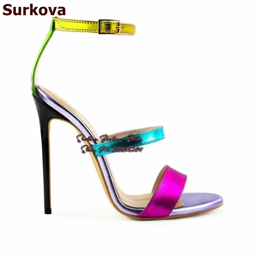 

Surkova Fuchsia Turquoise Metallic Matte Leather Patchwork Sandals Black Stiletto Heels Buckle Strap Dress Shoes Elegant Pumps