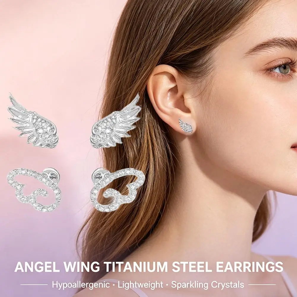 Angel Wings Stud Earrings Full Diamond Sparkly Geometric Hollow Ear Studs for Women Fashion Jewelry Accessories Gift