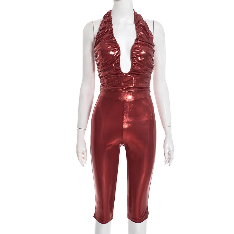 Ensemble haut métallique Sexy 2 pièces pantalon tenues Y2K Streetwear femmes créateur de mode élégant or estampage hauts deux pièces ensembles