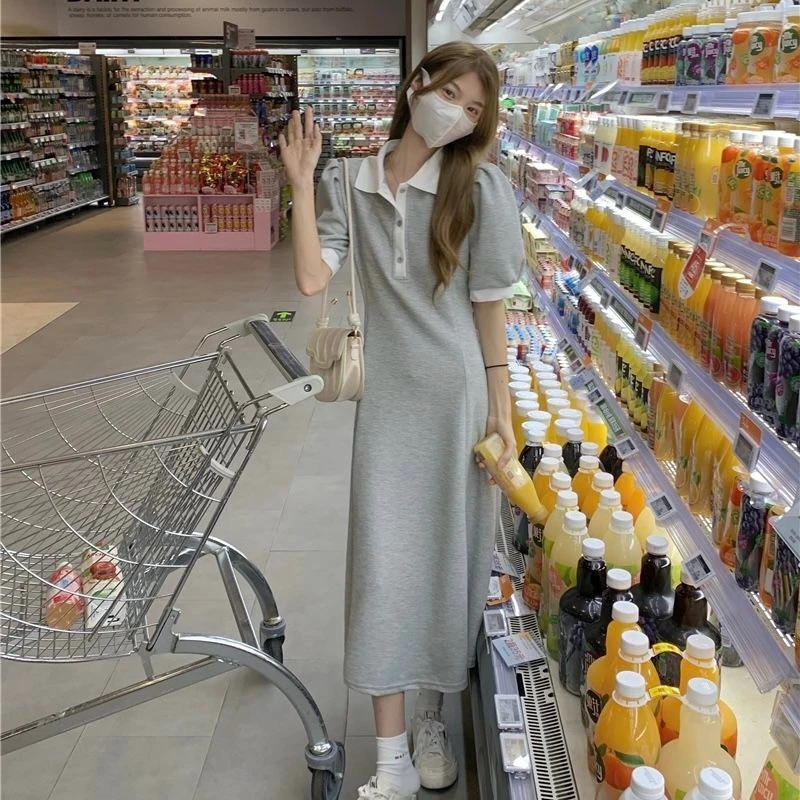 Ele ey col Long Dr t-shirt d'été femme Dr taille haute jupe trapèze ort Sve couleur Pure trajet Sle