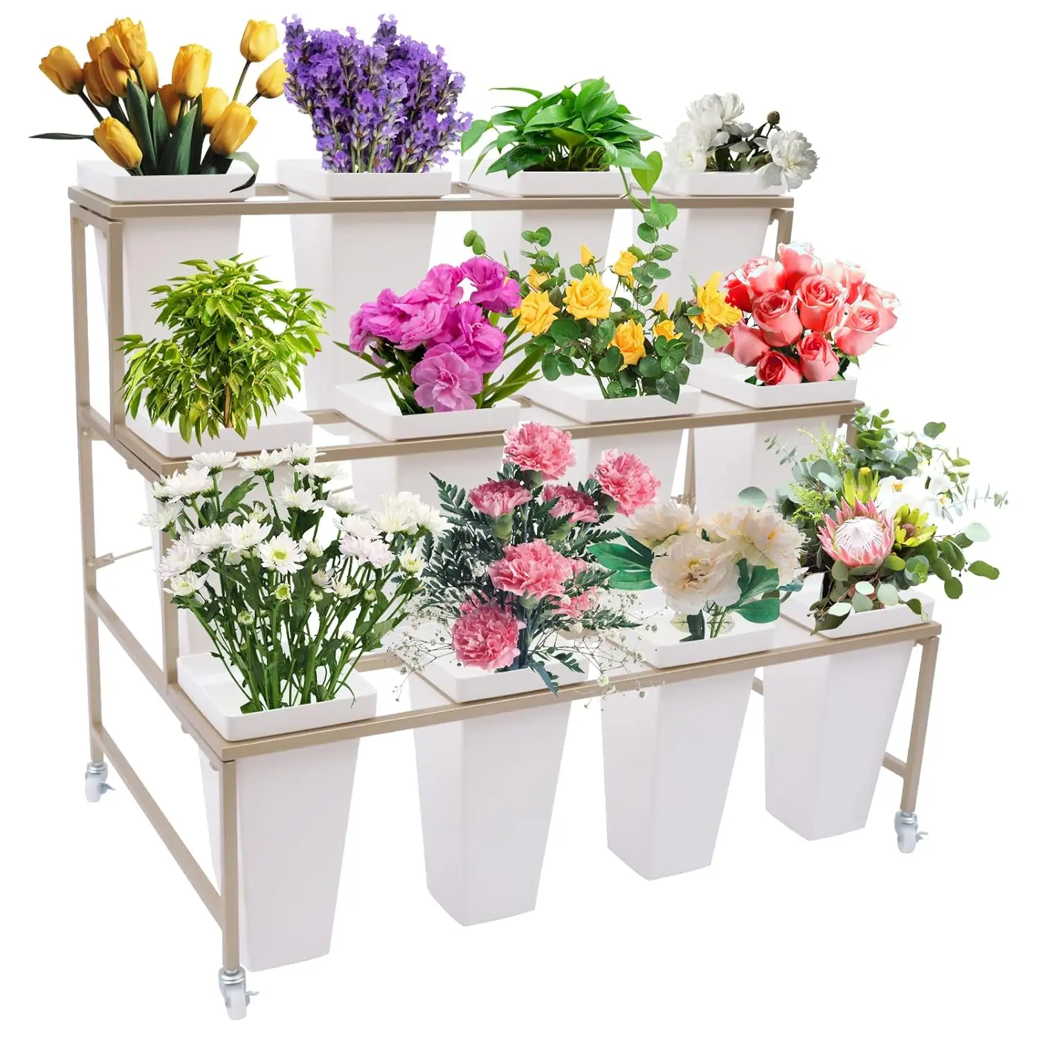 3 Tier Heavy Duty Flower Display Stand with 12 Buckets & Wheels for Indoor Outdoor Garden Patio Living Room Florist, Customized
