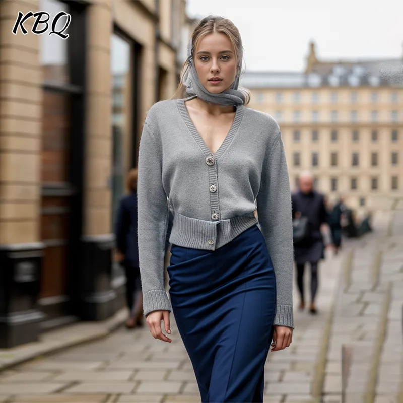 

KBQ Solid Slimming Knitting Sweaters For Women V Neck Long Sleeve Patchwork Single Breasted Temperament Sweater Female Fashion