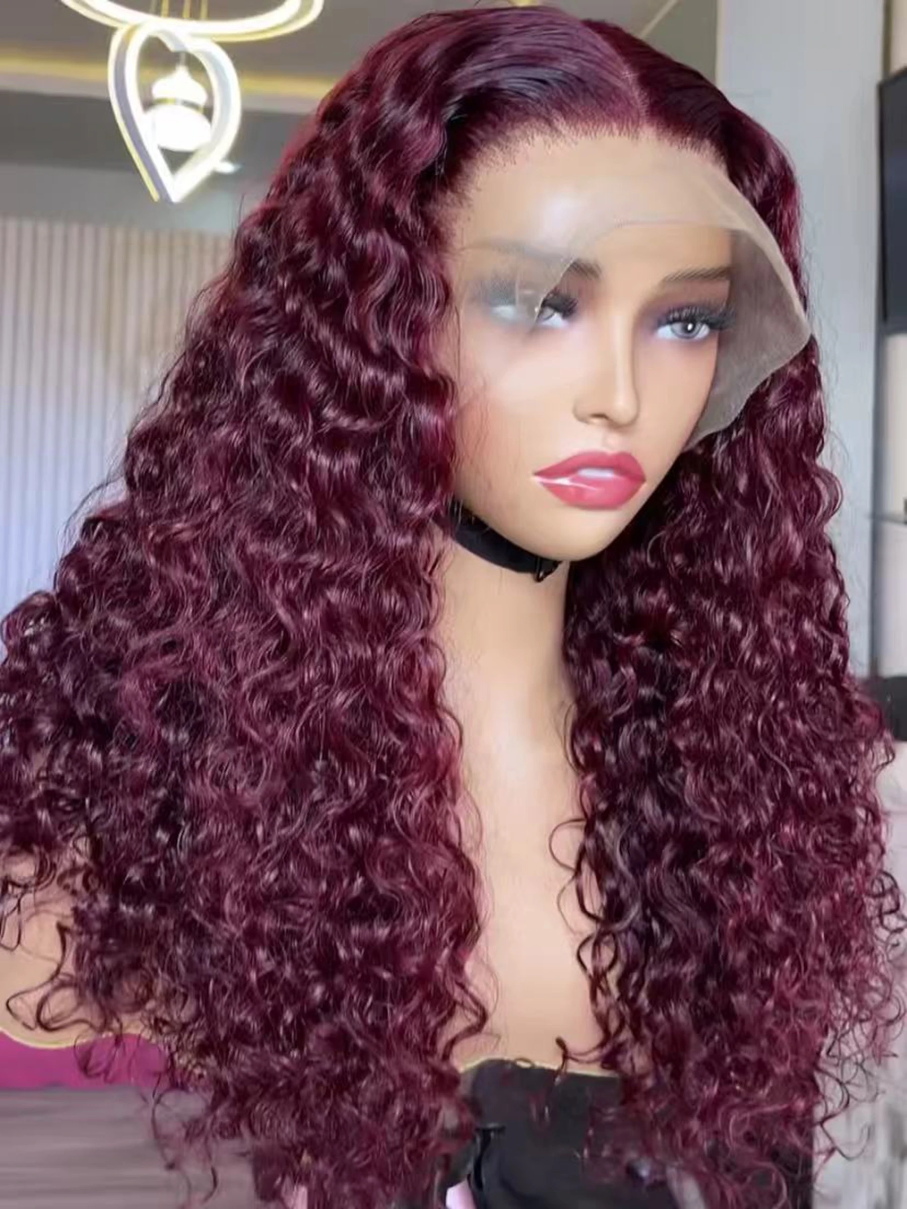99J Red Burgundy Color 13X4X1 HD Full Lace Frontal Synthetic Wig Ponytail Deep Curly Prepluck Daily Party Heat Resistant Fiber