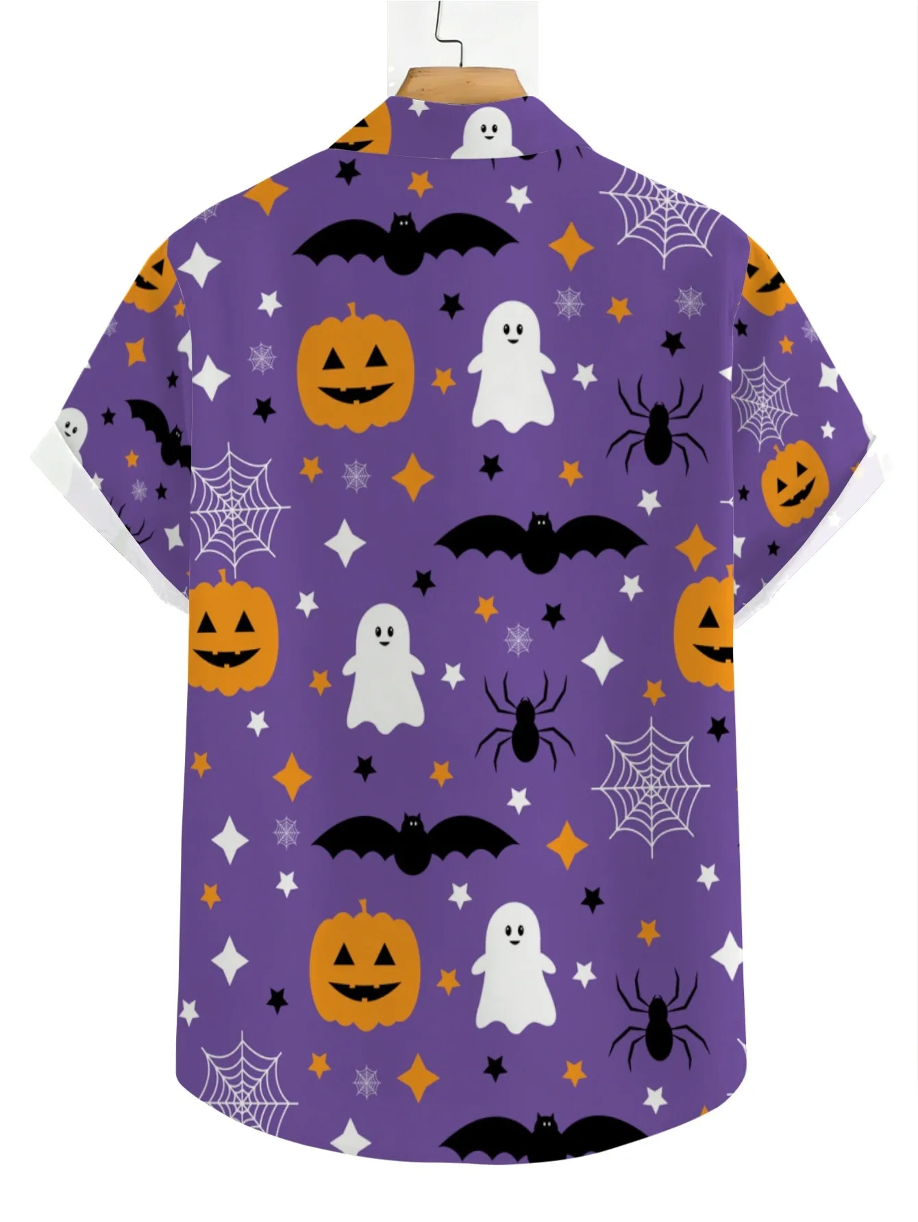 Men Halloween Ghost Pumpkin Short Sleeve Shirt Bat Spider Web Star Print Turn‑Down Collar Party Shirts