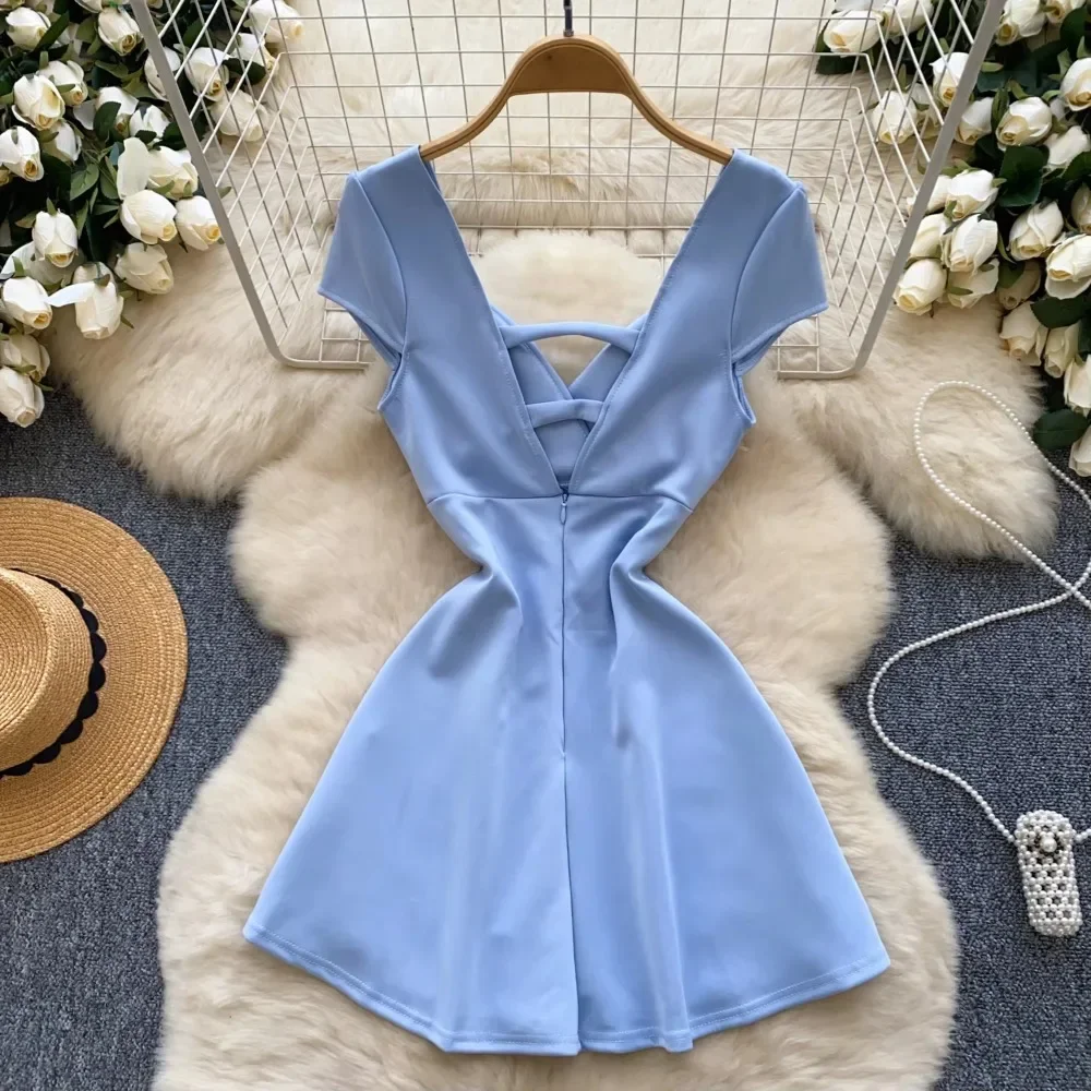 Chic Elegant Pleated Zipper Short Sleeve Korean Sexy Backless A-line Dresses Slim Vintage High Street Evening Women Clothing