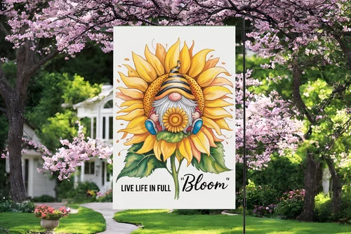 Gnome Sunflower Garden Flag Live Life in Full Bloom Outdoor Yard Porch Decor RRM IIX SSL