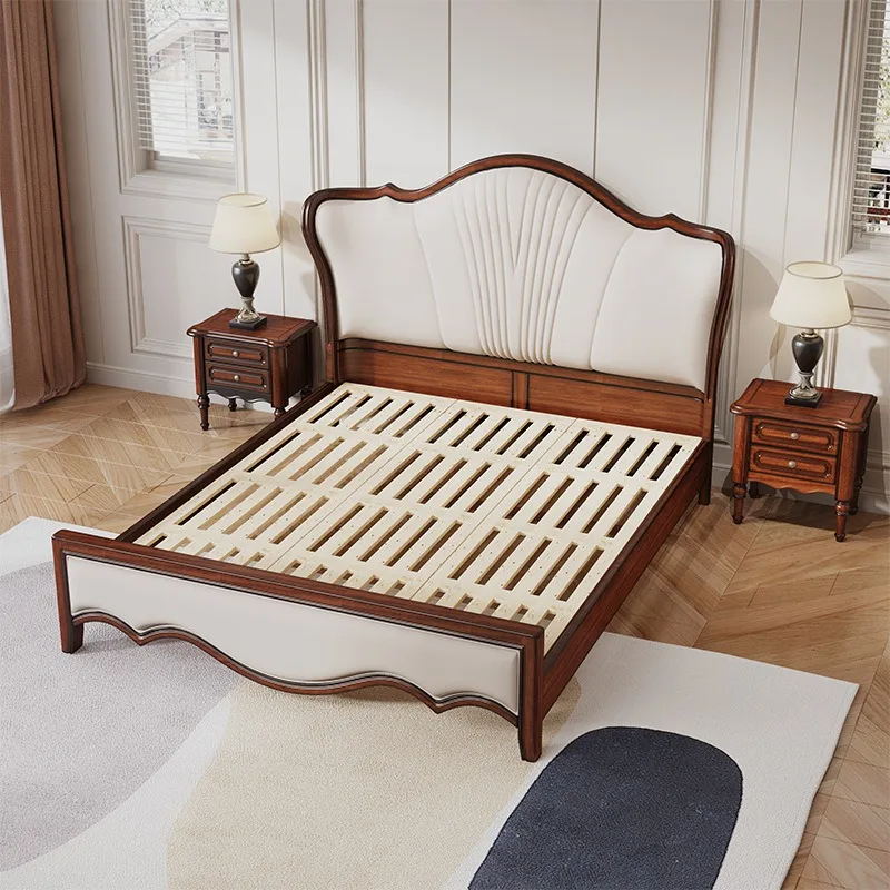 2025 New American-French Vintage Style Solid Wood Bed Luxury Double Bedroom Set Customizable Storage for Hotels and Villas