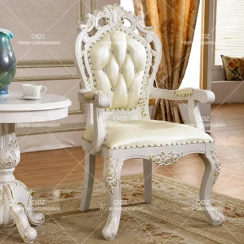 European Solid Wood Carved Floral Dining Chair American Retro Luxury Restaurant Hotel Table and Chair Set White Casual
