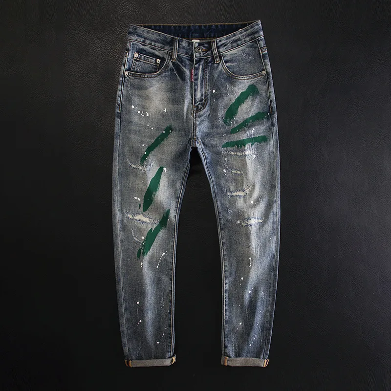 

Spring and Summer Ripped Patch Ink Splash Graffiti Paint Dot Trendy Men's Slim Fit Stretch High Street Personality Fashion Pants