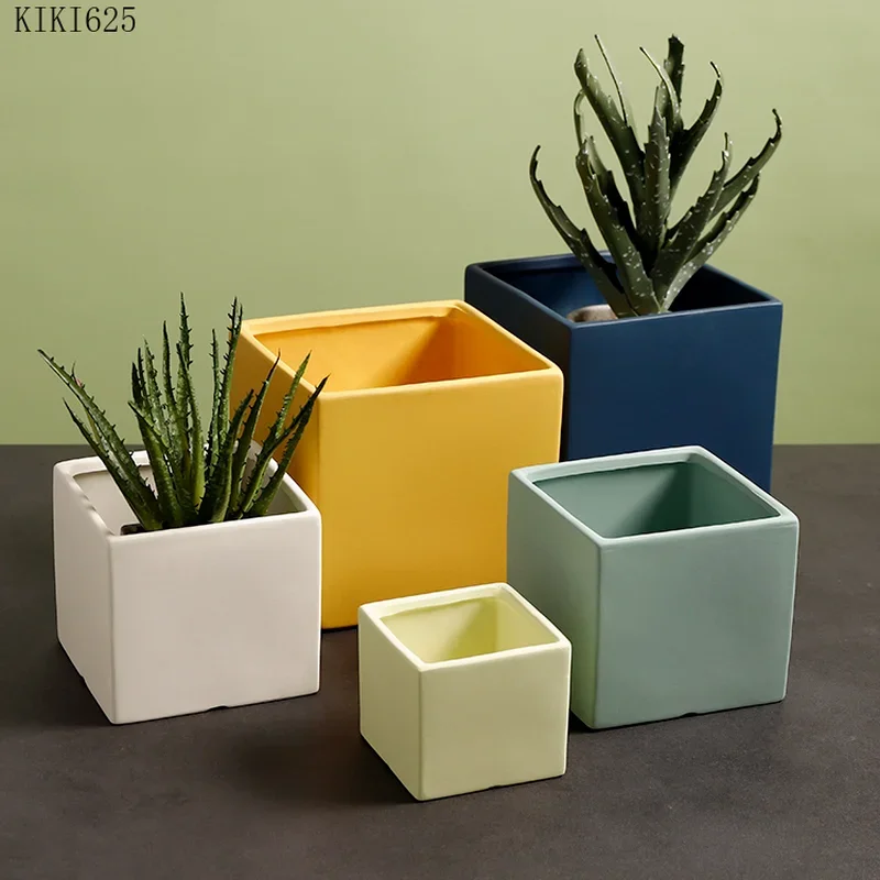 Nordic Color Square Ceramic Flowerpot Large Diameter Plant Potted Garden Decoration Living Room Countertop Flowerpot Decoration