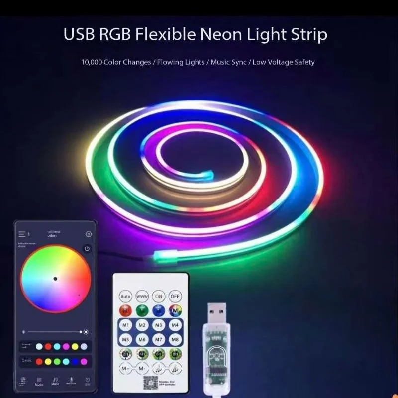 DC5V RGBIC Neon LED Strip Lights Neon Rope Light with Music Sync DIY RGBIC Dreamcolor Chasing Strip Tape for Home Decor Lighting