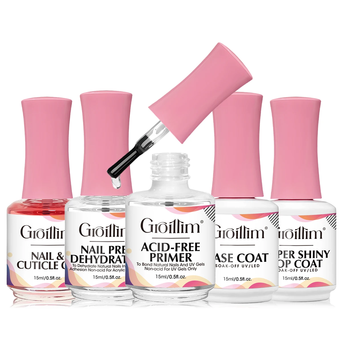 

Groillim 5-Piece Functional Gel Nail Polish Set includes base coat and top coat, base coat + super top coat + balancing liquid +