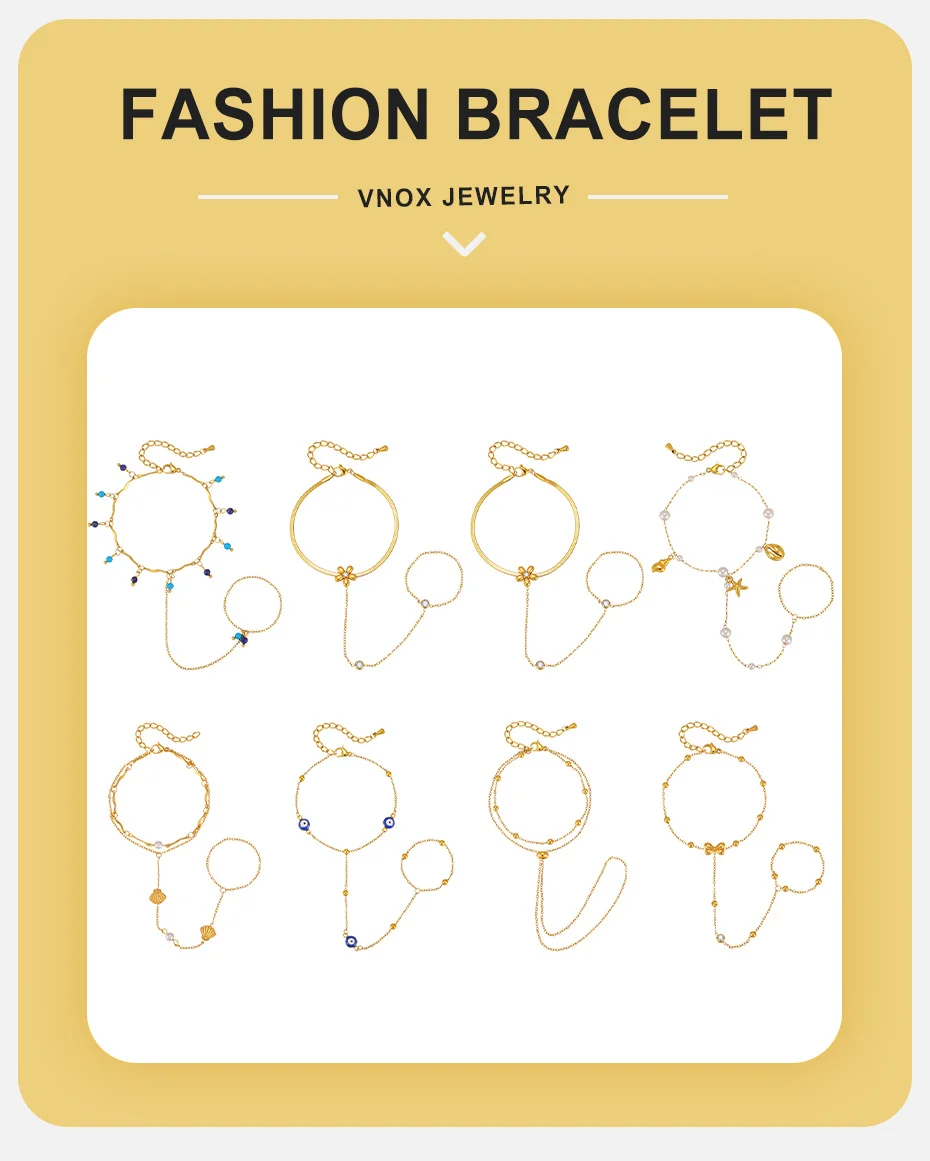Vnox Boho Imitationsperlen Seestern Muschel Fingerkette Armband Trendiges 18K Vergoldetes CZ Schmetterling Handarmband Strand-Schmuck – Detail 2