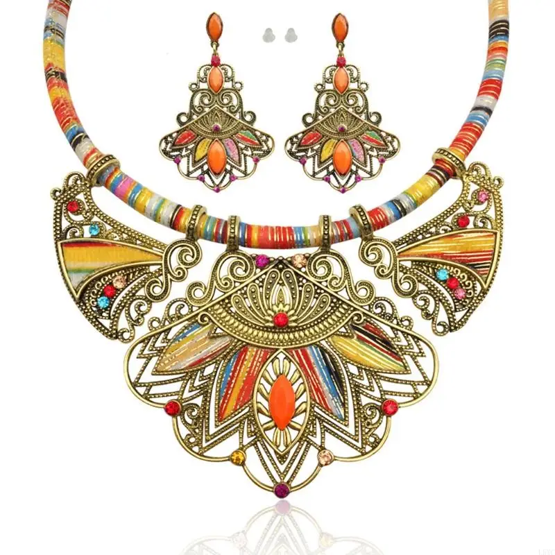 

L5YC Bohemian Necklace Earring Set Chunky Enamel Multicolor Pendant Vintage for Rhinestone Ethnic Choker Necklace Eardrop Dan