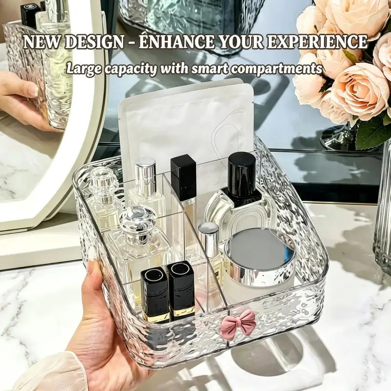 Makeup Organizer Sleek Clear Glacier Ripple Divided Compartments Pink Bow Decor for Desktop Cosmetic Storage Holder