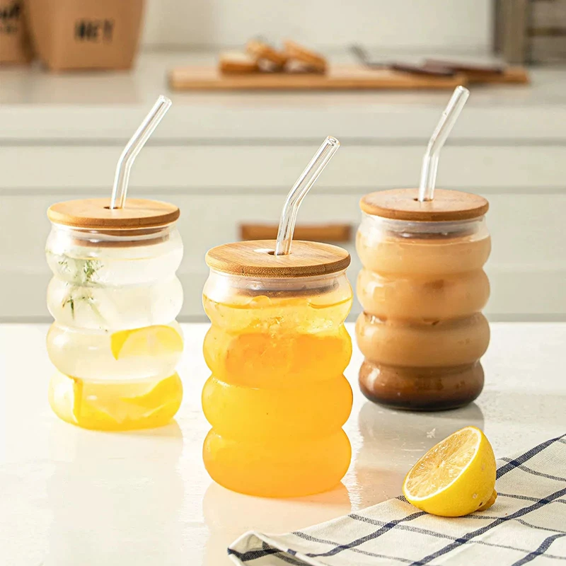 YWD 1/2/4PCS Glass Cup with Lid Straw Heat-resistant Wave Cup Beer Juice Ice Coffee Cups Cocktail Fruit Glass Drinkware