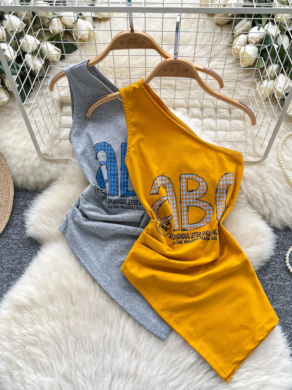 

American Sle Hot Girl Summer Wear Pure Desire Letter Print Waist-Cinched Asymmetrical oulder Svel Top Women's irt