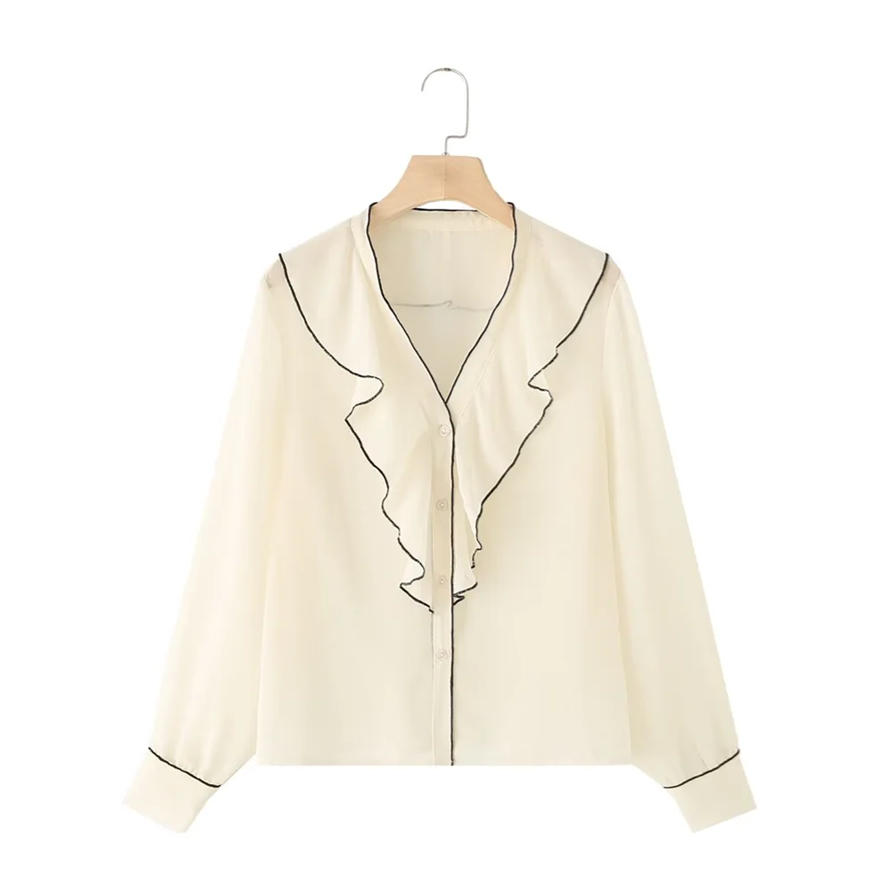 PB&ZA2024 autumn new women\'s clothing fashionable temperament casual slimming versatile color blocking layered decorative shirt
