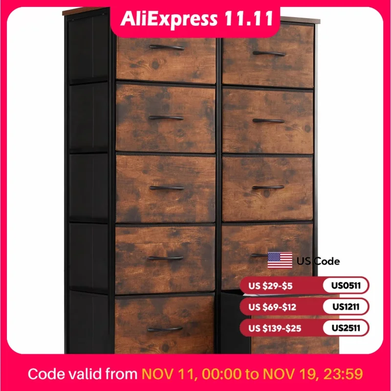 JHK Bedside Table For Bedroom With 10 Fabric Drawers Wardrobe Steel Frame Closet For Storage Cabinet Living Room Of Furniture