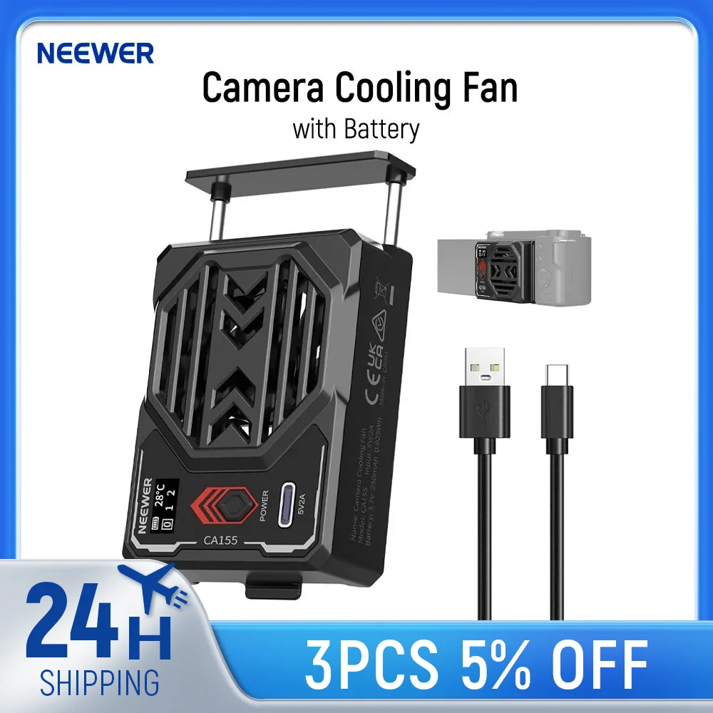 NEEWER Basics Camera Cooling Fan with Battery, Spring Loaded External Cooler For Sony ZV-E1 A6700 Canon R6 Mark II Fujifilm XS20