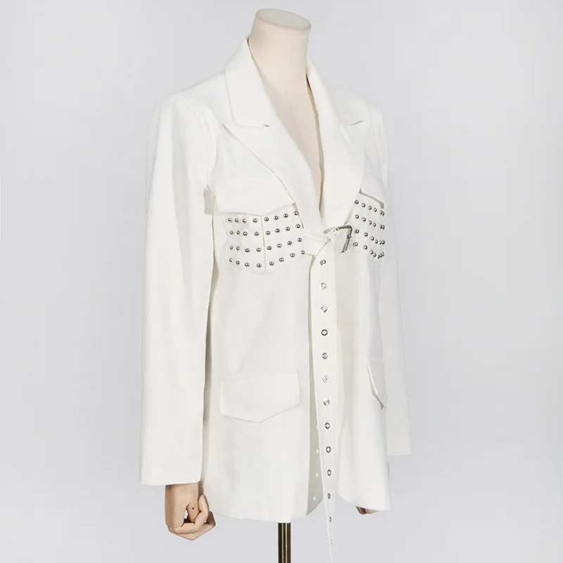 HKSH Women Blazer Heavy Rivet Lace-Up Design Long Sleeve Elegant Fashion Patchwork High-end Chic Suit-Coat Spring Autumn HK19932