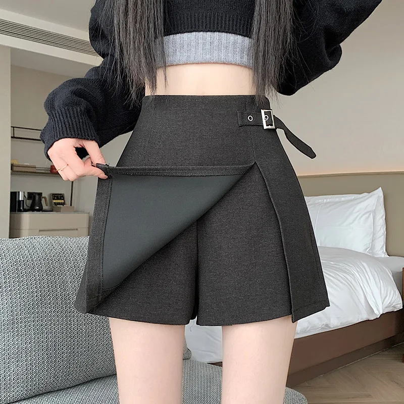 Seoulish エレガントなハイウエストの女性のスカート 2025 冬秋ファッションウール痩身 A ラインショーツスプリットスカート女性のための