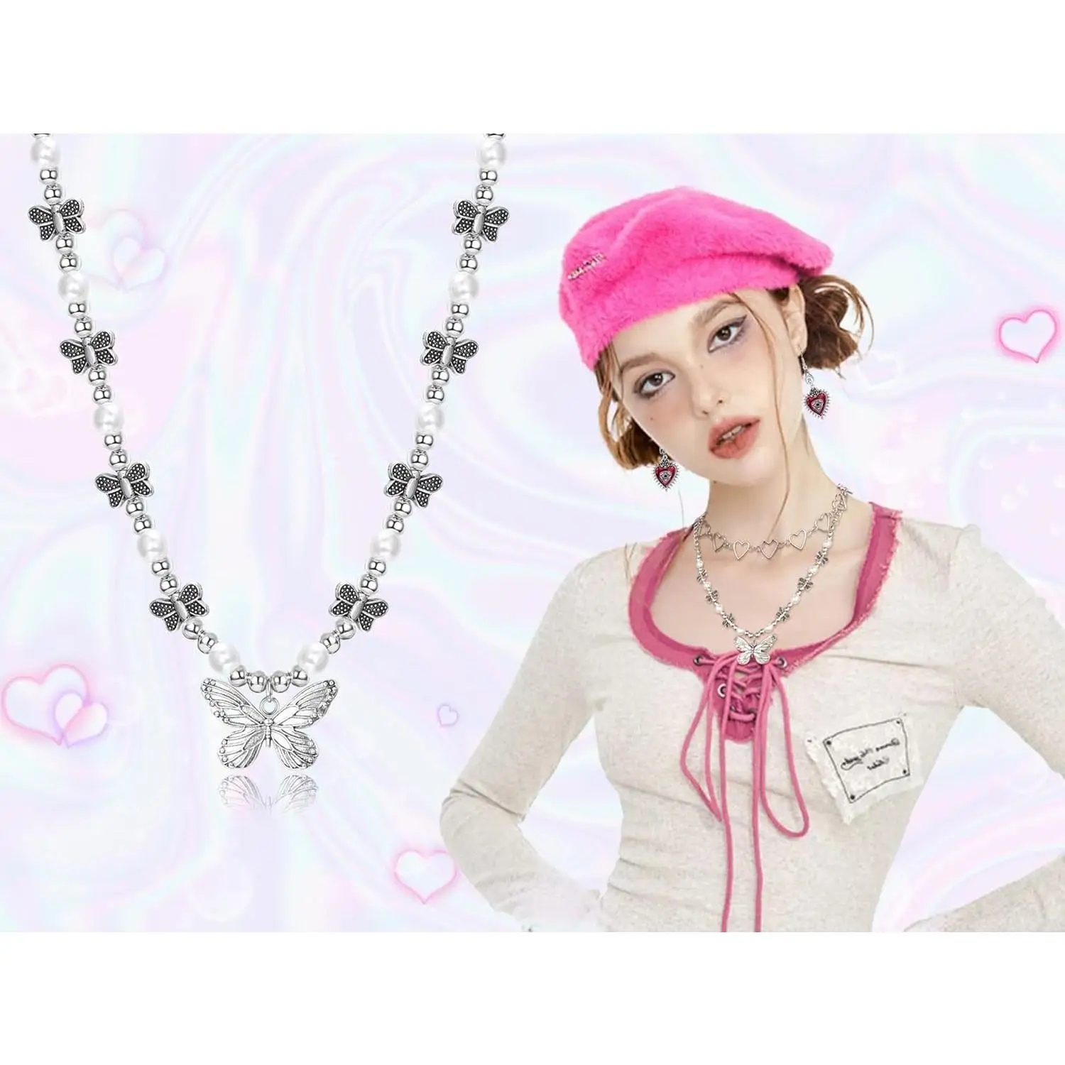 33Pcs Grunge Vintage Punk Necklace Jewelry Set Gothic Earrings Fairy Butterfly Boho Crystal Y2k Cross Pendent Butterfly Heart Choker Goth Stackable Knuckle Rings Adjustable Y2k Accessories for Women Men view 7