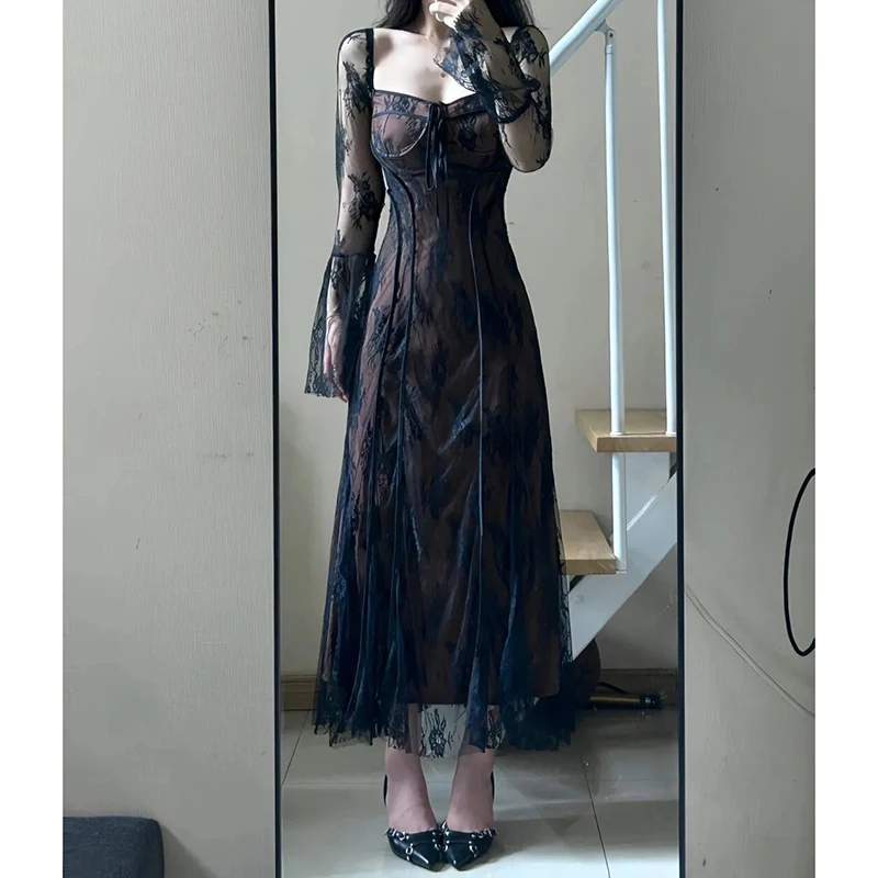 Robe française Vintage à manches évasées pour femmes, col carré, maille, Sexy, transparente, Slim, dentelle, Jacquard, robes de soirée