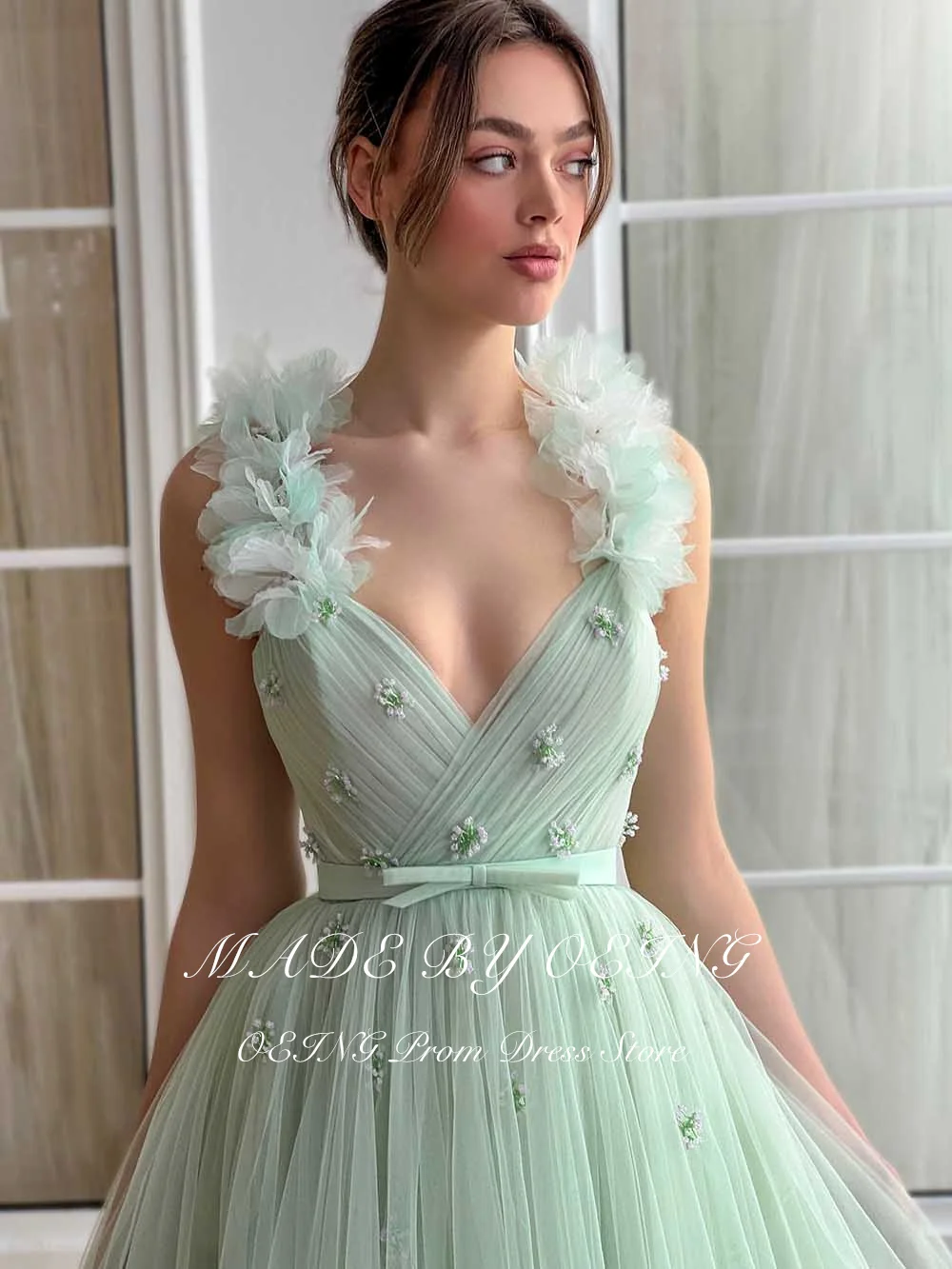 OEING Pastrol Mint Green Prom Dresses Fairy 3D Flowers Party Dress For Women Princess Tea Length Formal Wedding Gowns Summer